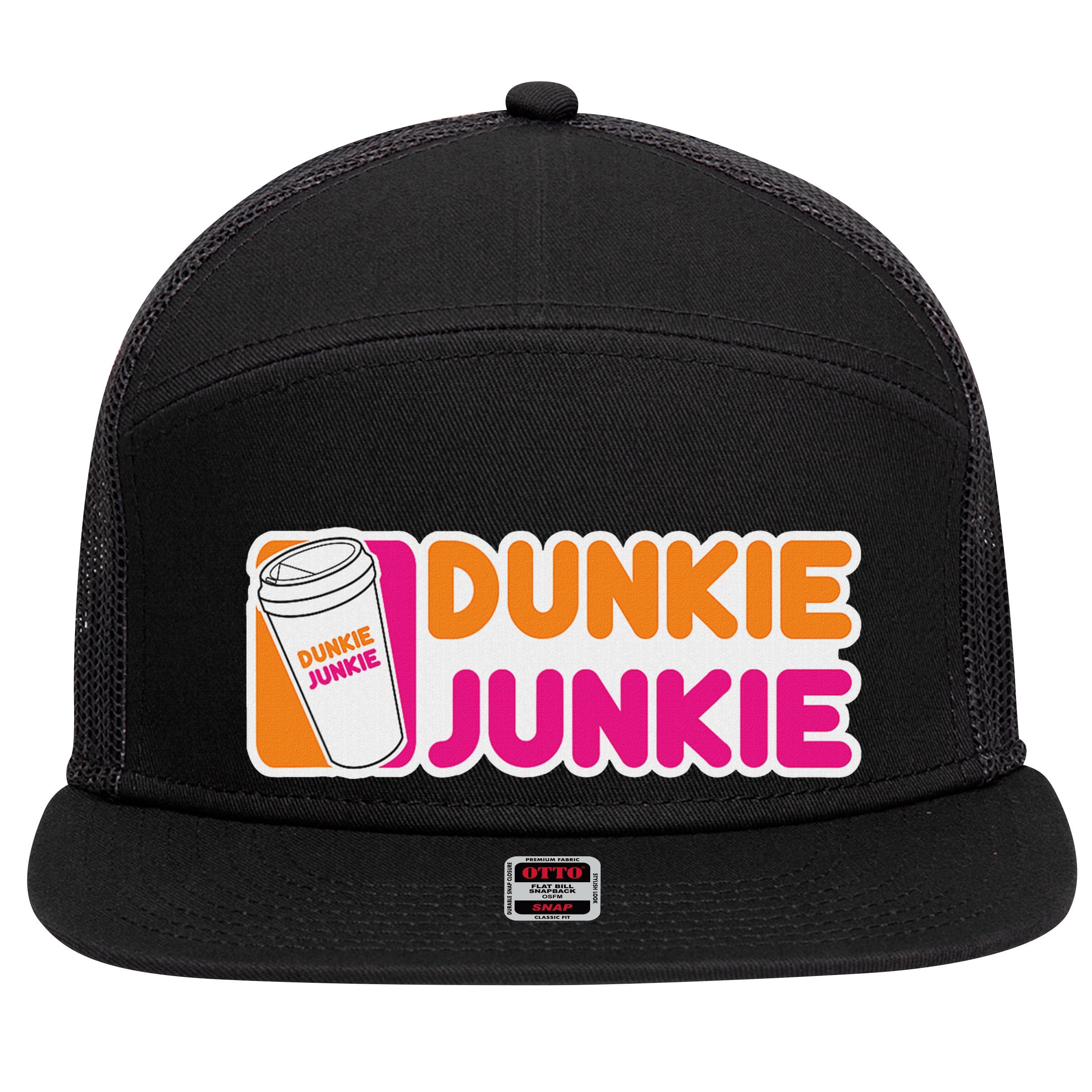 Funny Dunkie Junkie Coffee Love Funny Coffee Saying 7 Panel Mesh Trucker Snapback Hat
