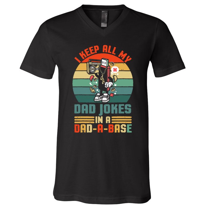 Funny dad jokes in dadabase vintage for father's day V-Neck T-Shirt