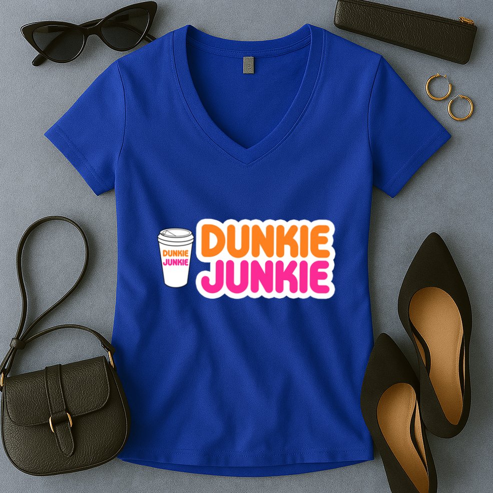 Funny Dunkie Junkie Coffee Love Funny Coffee Saying Cute Gift Women's V-Neck T-Shirt