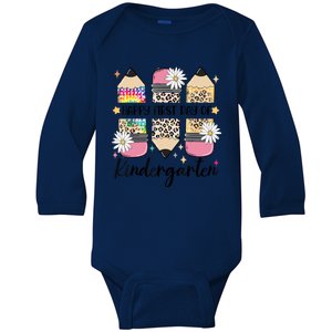 First Day Kindergarten Teacher Leopard Pencil Back To School Baby Long Sleeve Bodysuit