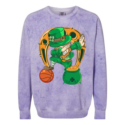 Funny Dabbing Leprechaun Basketball St Patricks Day Gift Colorblast Crewneck Sweatshirt