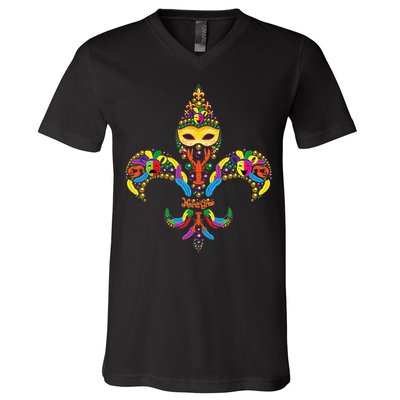 Fleur De Lis & Mardi Gras Mask New Orleans Souvenir V-Neck T-Shirt