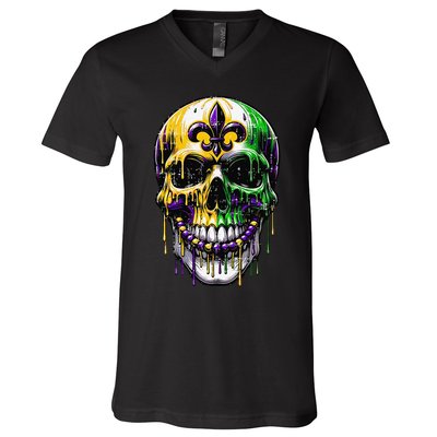 Fleur De Lis Mardi Gras Skull V-Neck T-Shirt