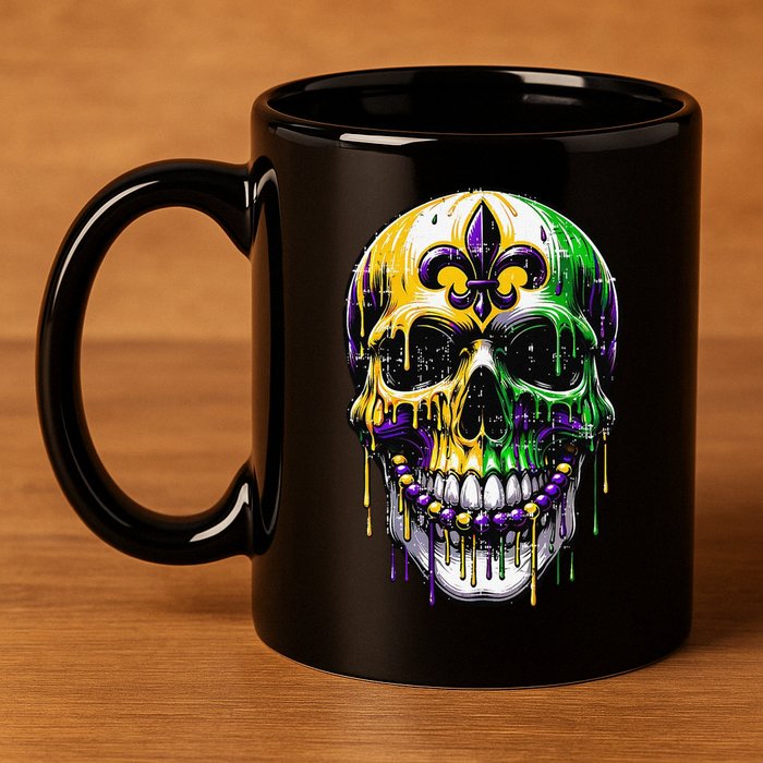 Fleur De Lis Mardi Gras Skull 11oz C Handle Ceramic Mug
