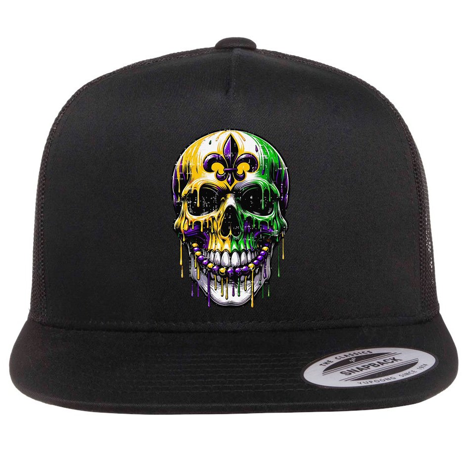 Fleur De Lis Mardi Gras Skull Flat Bill Trucker Hat