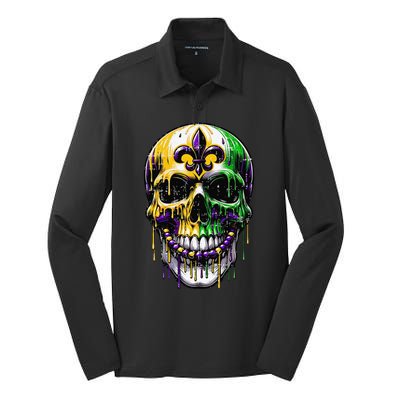 Fleur De Lis Mardi Gras Skull Silk Touch Performance Long Sleeve Polo