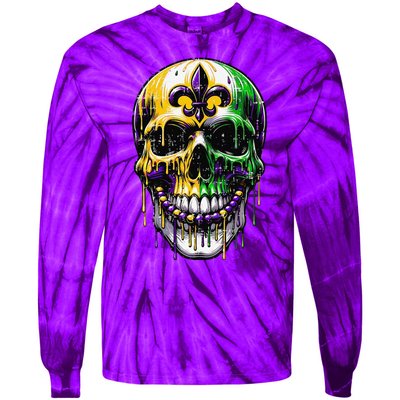 Fleur De Lis Mardi Gras Skull Tie-Dye Long Sleeve Shirt