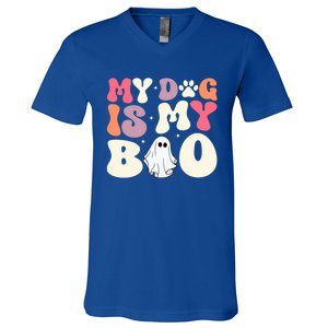 Funny Dog Lover Halloween Puppy Groovy My Dog Is My Boo Gift V-Neck T-Shirt