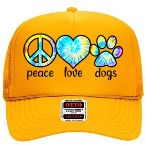 Funny Dog Lover Shirts Gift Peace Love Dogs Tie Dye Puppy Gifts High Crown Mesh Back Trucker Hat