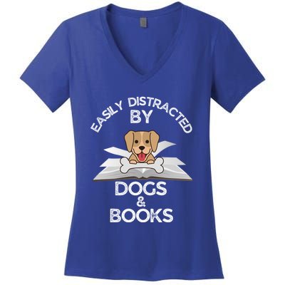 Funny Dog Lovers Easily Distracted By Dogs And Books Gift Women's V-Neck T-Shirt