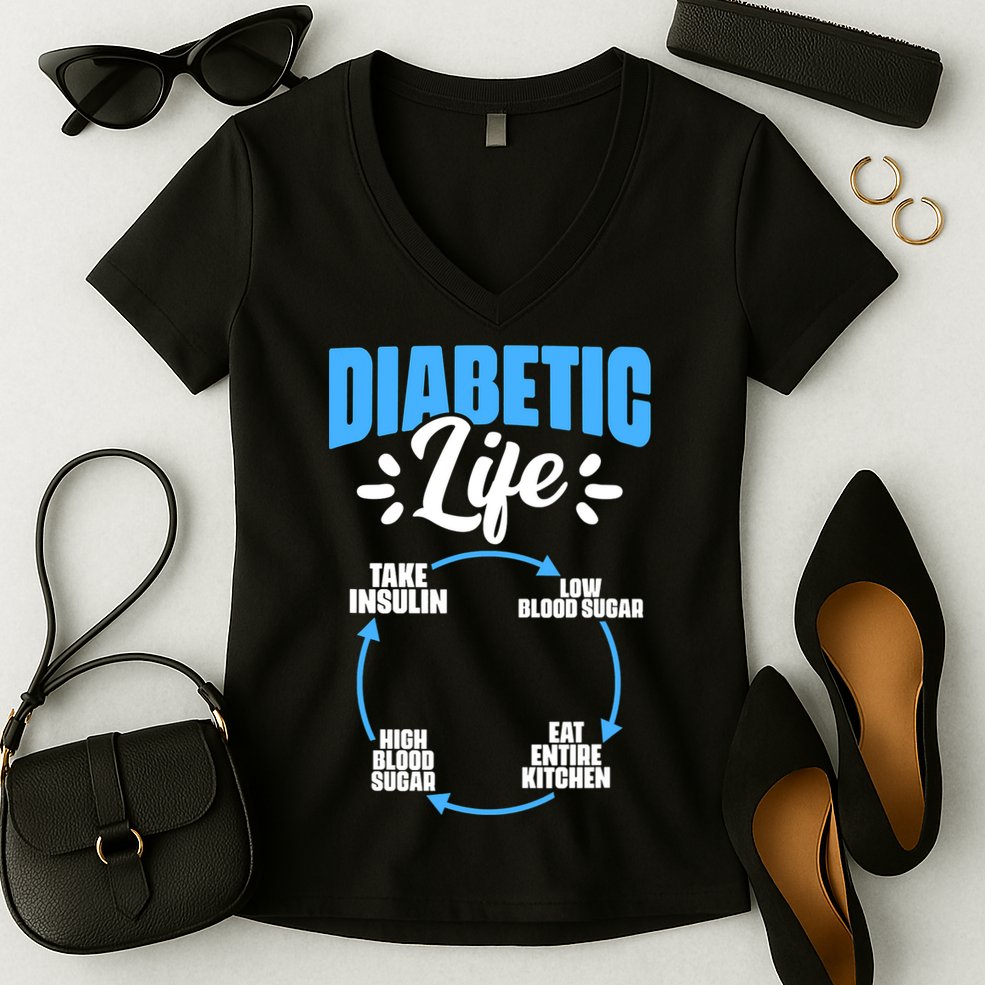 Funny Diabetic Life Cycle Diabetes Awareness Women's V-Neck T-Shirt
