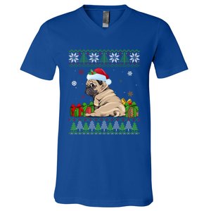 Funny Dog Lovers Cute Pug Santa Hat Ugly Christmas Great Gift V-Neck T-Shirt