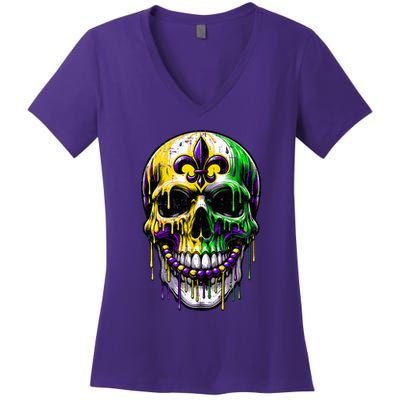 Fleur De Lis Mardi Gras Skulls Outfit Women's V-Neck T-Shirt