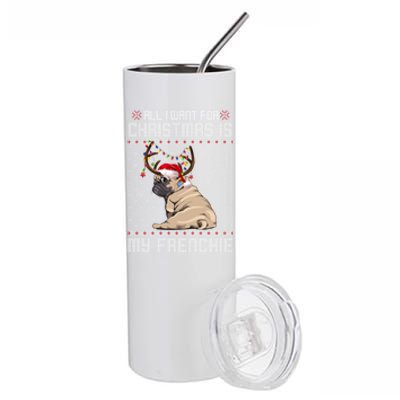 Funny Dog Lovers Frenchie Santa Hat Ugly Christmas Sweater Gift Stainless Steel Tumbler