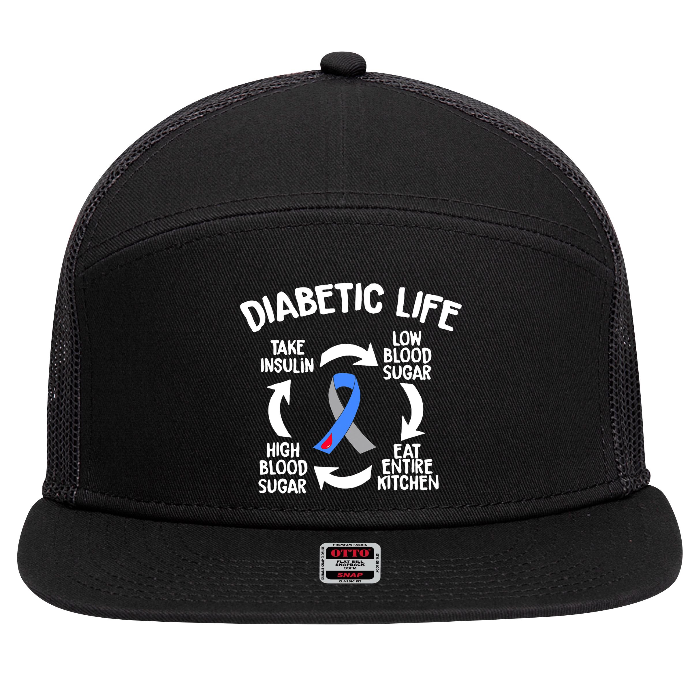 Funny Diabetic Life Cycle Diabetes Awareness 7 Panel Mesh Trucker Snapback Hat