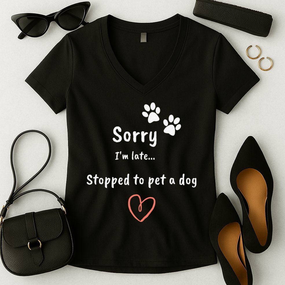 Funny Dog Lover Sorry I'm Late Stopped To Pet A Dog Women's V-Neck T-Shirt