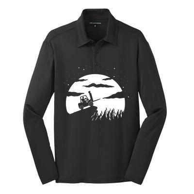 Forklift Driver Moon Background Silk Touch Performance Long Sleeve Polo