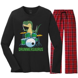 Funny Dinosaur Musician T Rex Drummer Boy Gift Drums Women's Long Sleeve Flannel Pajama Set 