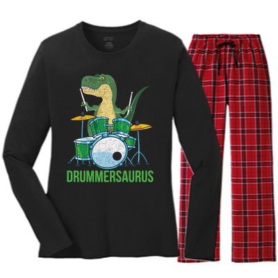 Funny Dinosaur Musician T Rex Drummer Boy Gift Drums Women's Long Sleeve Flannel Pajama Set 