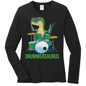 Funny Dinosaur Musician T Rex Drummer Boy Gift Drums Ladies Long Sleeve Shirt