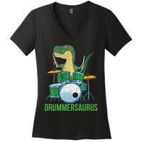 Funny Dinosaur Musician T Rex Drummer Boy Gift Drums Women's V-Neck T-Shirt