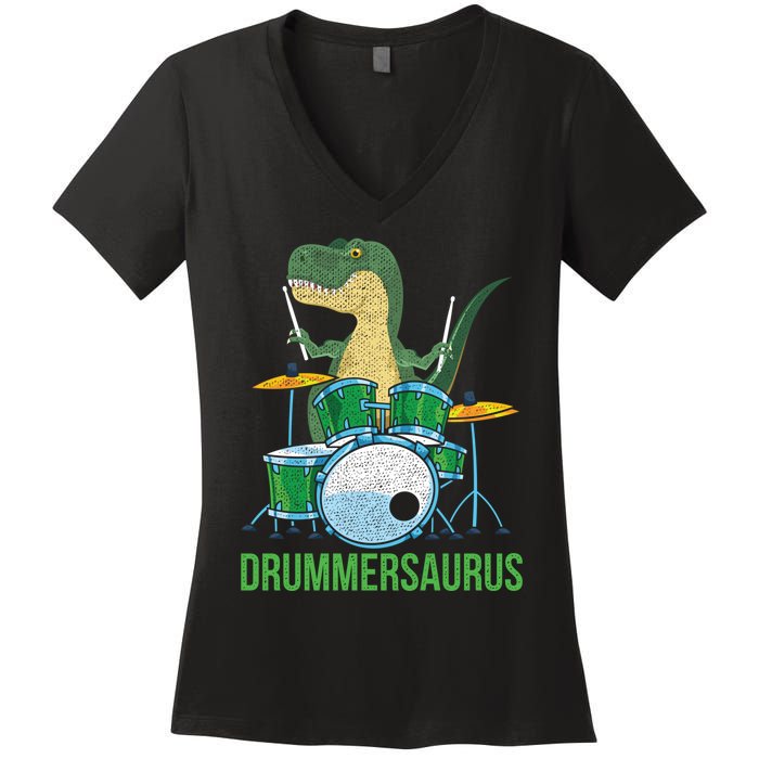 Funny Dinosaur Musician T Rex Drummer Boy Gift Drums Women's V-Neck T-Shirt