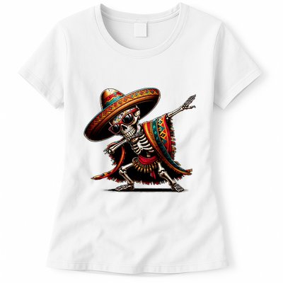 Funny Dabbing Mexican Skeleton Poncho Cinco De Mayo Womens T-Shirt