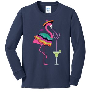 Flamingo Drinking Margarita Mexican Poncho Cinco De Mayo Kids Long Sleeve Shirt