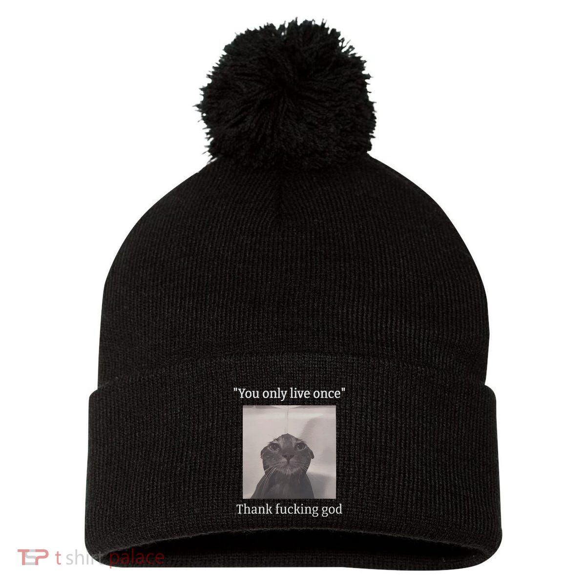 Funny Depressed Meme Cat Pom Pom 12in Knit Beanie