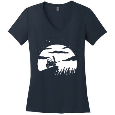 Forklift Driver Moon Background Funny ForkLift Truck Women's V-Neck T-Shirt