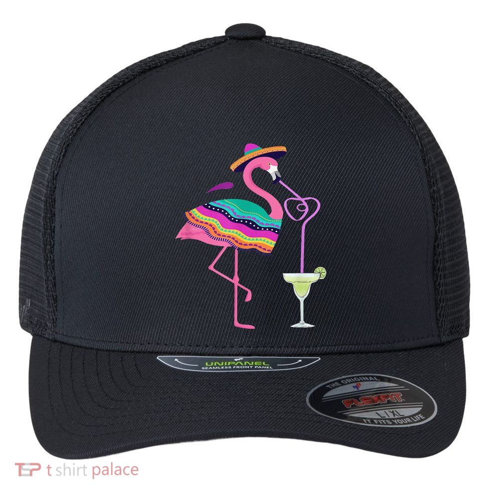 Flamingo Drinking Margarita Mexican Poncho Cinco De Mayo Flexfit Unipanel Trucker Cap
