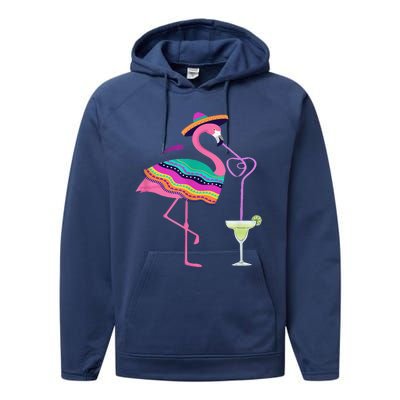 Flamingo Drinking Margarita Mexican Poncho Cinco De Mayo Performance Fleece Hoodie