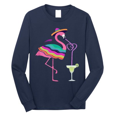 Flamingo Drinking Margarita Mexican Poncho Cinco De Mayo Long Sleeve Shirt