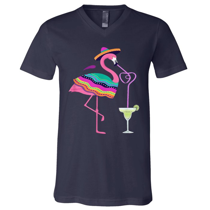 Flamingo Drinking Margarita Mexican Poncho Cinco De Mayo V-Neck T-Shirt