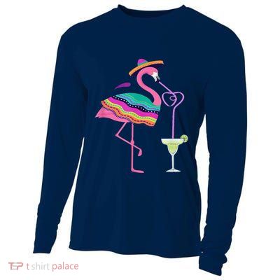 Flamingo Drinking Margarita Mexican Poncho Cinco De Mayo Cooling Performance Long Sleeve Crew