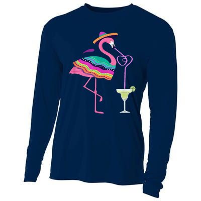 Flamingo Drinking Margarita Mexican Poncho Cinco De Mayo Cooling Performance Long Sleeve Crew