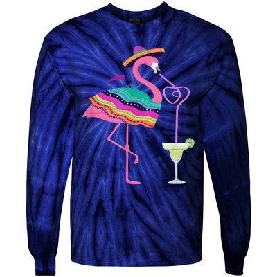 Flamingo Drinking Margarita Mexican Poncho Cinco De Mayo Tie-Dye Long Sleeve Shirt