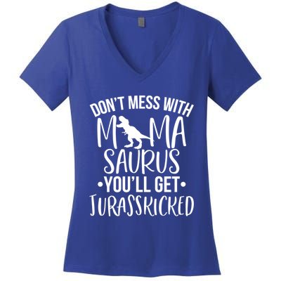 Funny Don't Mess With Mamasaurus For Moms And Mothers Design Gift Women's V-Neck T-Shirt