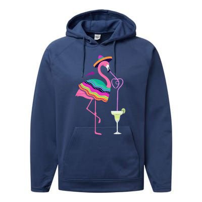 Flamingo Drinking Margarita Mexican Poncho Cinco De Mayo Performance Fleece Hoodie