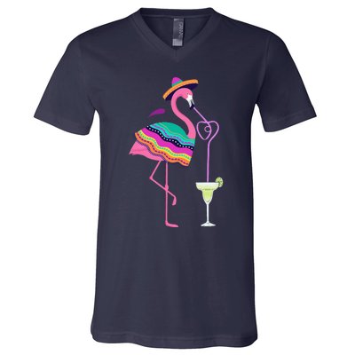 Flamingo Drinking Margarita Mexican Poncho Cinco De Mayo V-Neck T-Shirt