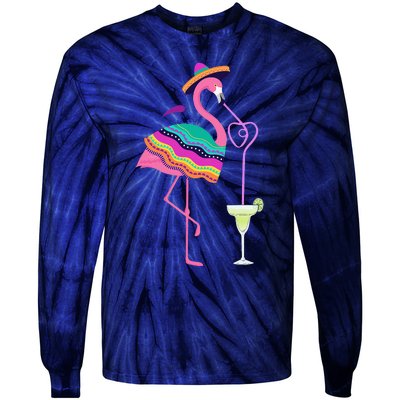 Flamingo Drinking Margarita Mexican Poncho Cinco De Mayo Tie-Dye Long Sleeve Shirt