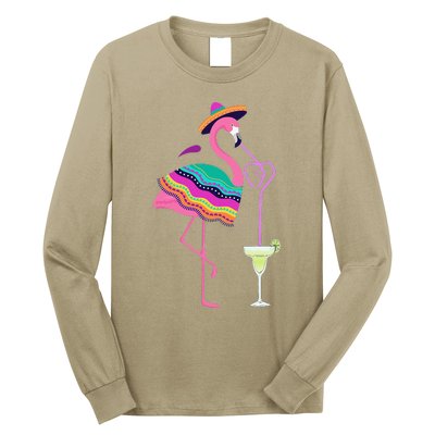 Flamingo Drinking Margarita Mexican Poncho Cinco De Mayo Long Sleeve Shirt