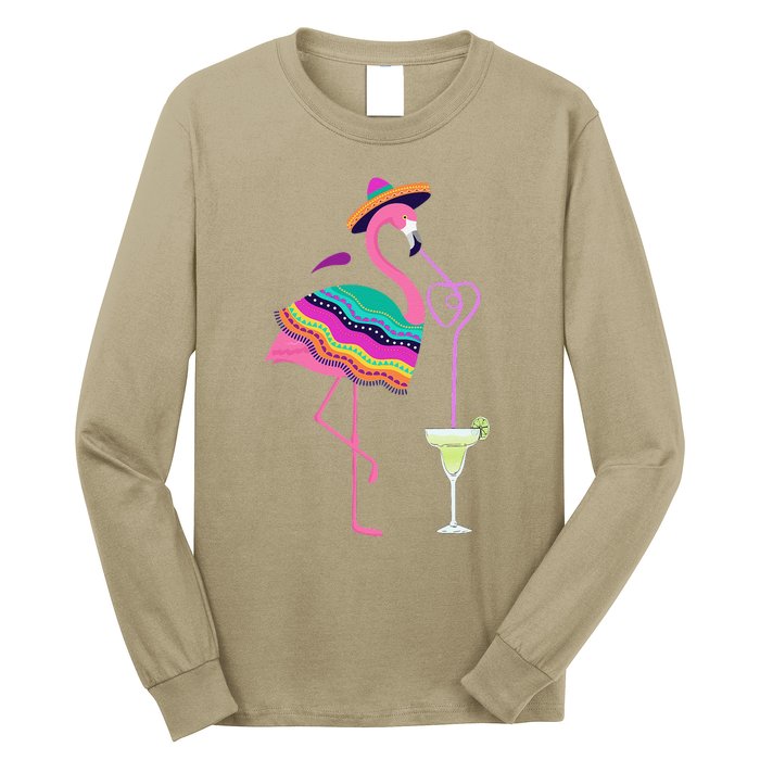 Flamingo Drinking Margarita Mexican Poncho Cinco De Mayo Long Sleeve Shirt