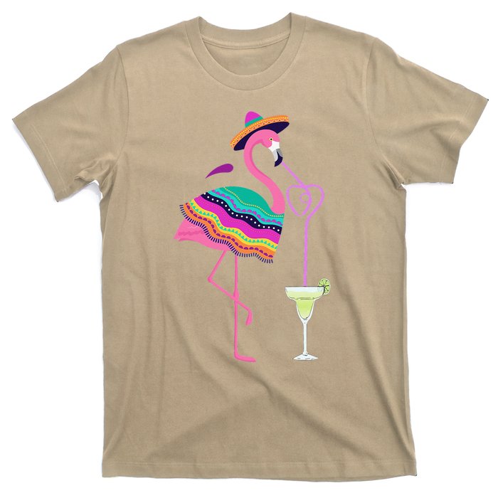 Flamingo Drinking Margarita Mexican Poncho Cinco De Mayo T-Shirt