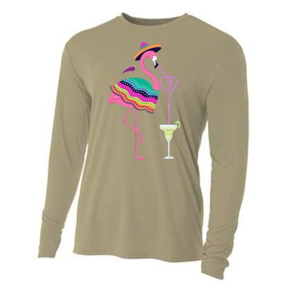 Flamingo Drinking Margarita Mexican Poncho Cinco De Mayo Cooling Performance Long Sleeve Crew