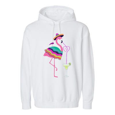 Flamingo Drinking Margarita Mexican Poncho Cinco De Mayo Garment-Dyed Fleece Hoodie