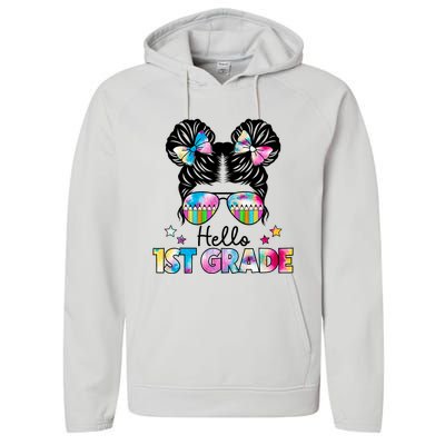 First Day Of School Hello First Grade Shirts Girl Messy Bun Performance Fleece Hoodie