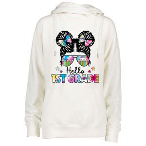 First Day Of School Hello First Grade Shirts Girl Messy Bun Womens Funnel Neck Pullover Hood