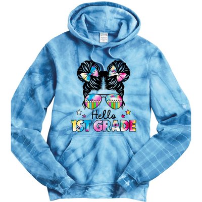 First Day Of School Hello First Grade Shirts Girl Messy Bun Tie Dye Hoodie