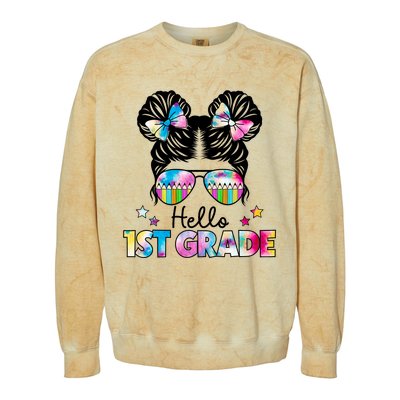 First Day Of School Hello First Grade Shirts Girl Messy Bun Colorblast Crewneck Sweatshirt